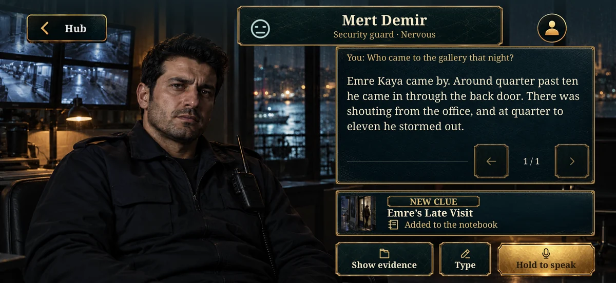 Interview screen: a spoken question to Mert Demir and his reply as text.