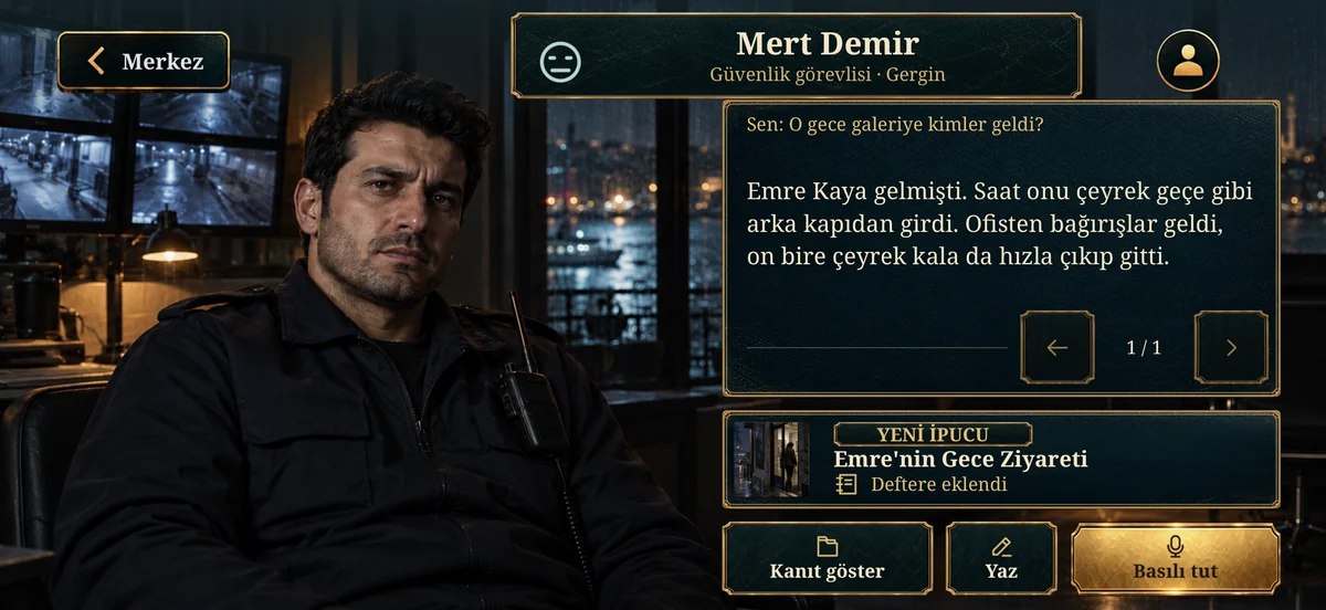 Sorgu ekranı: Mert Demir'e sesle soru soruluyor ve cevabı yazılı görünüyor.