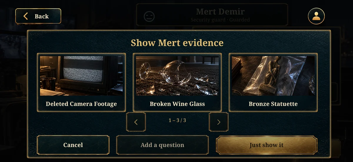 Evidence screen: deleted camera footage, a broken wine glass and a bronze statuette.